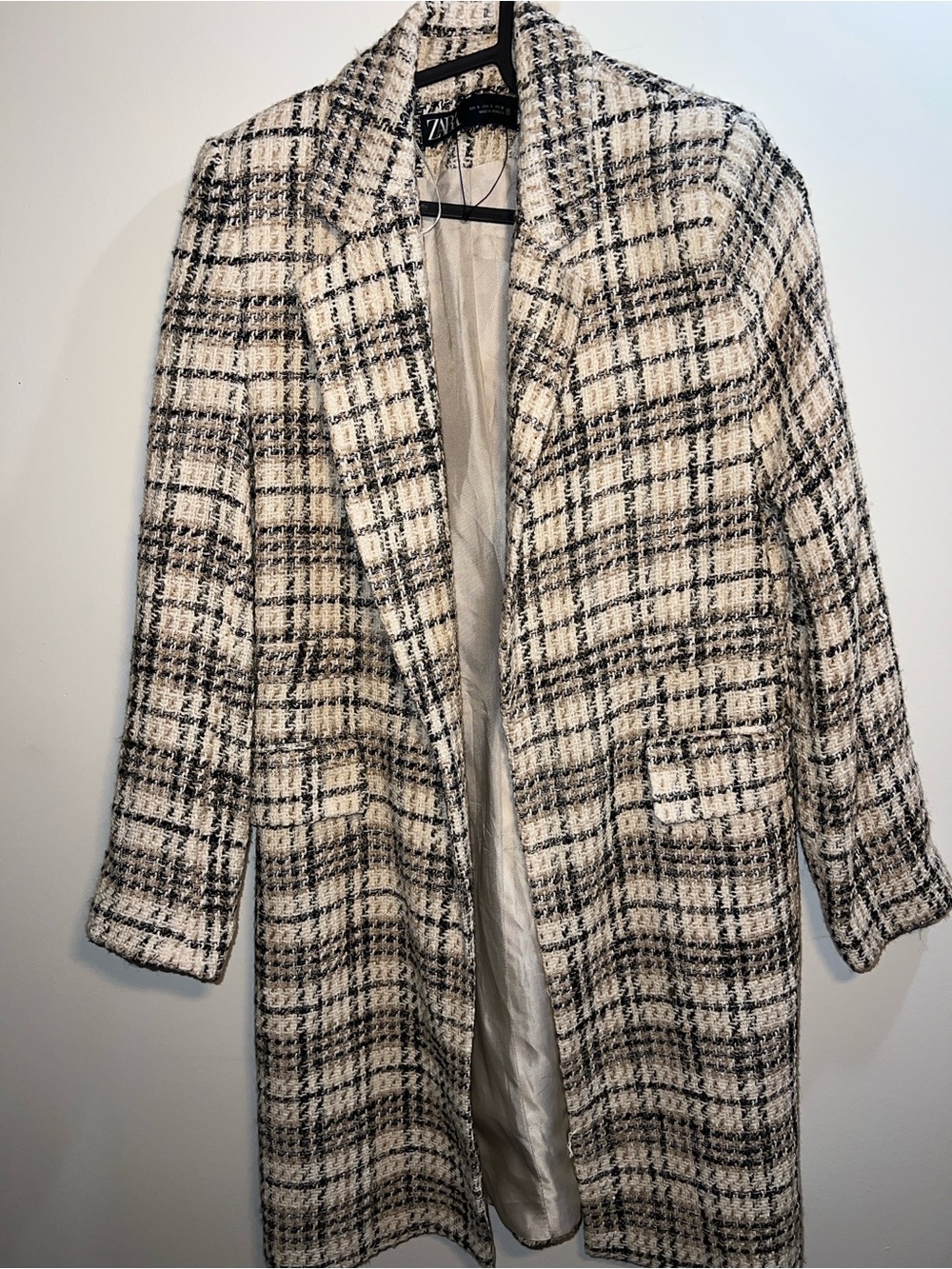 Zara Cream and Black Plaid Bouclé Trench Coat